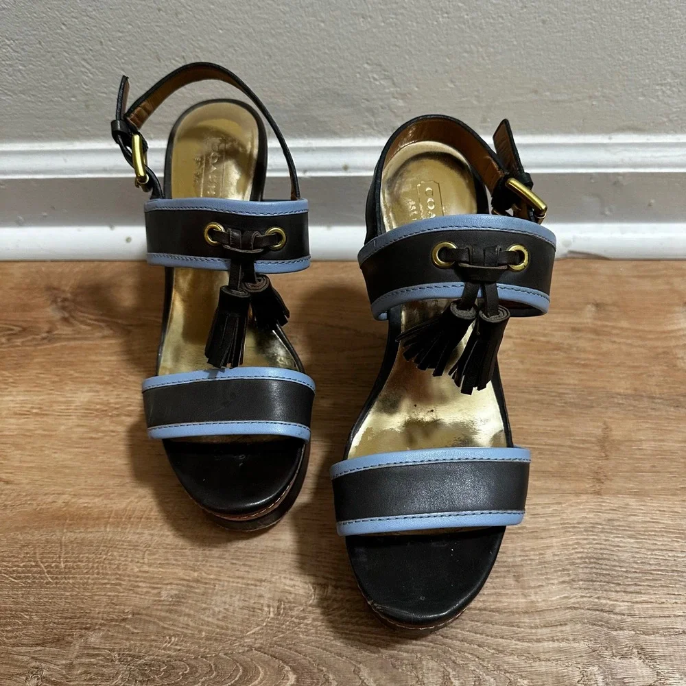 Coach | Women's Brown Blue Leather Tassel Cork Platform Wedge Sandals, 6.5B